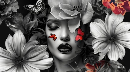 Elegant woman in monochrome, face merging with vivid florals and a butterfly, on surreal backdrop
