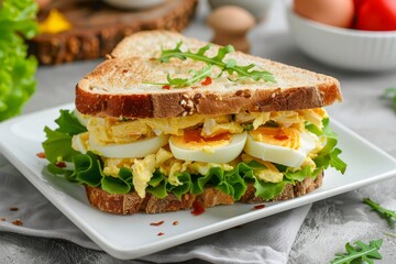 Egg salad sandwich on square white plate