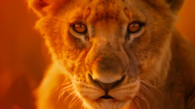 Close-up of a lion's face against a warm, orange background. The lion's eyes gaze directly at the camera, emanating a deep, striking intensity. Its fur is rich and its mane is majestic. 