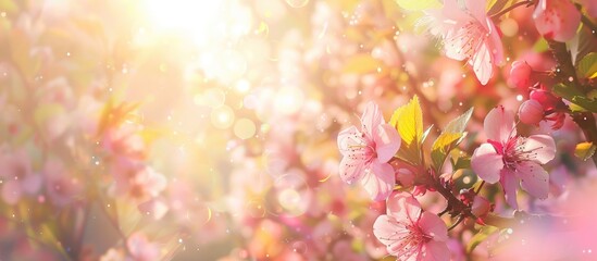 Artistic spring border or background featuring pink blossoms, capturing the beauty of nature with a blooming tree