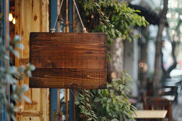 Empty wooden signboard on cafe background