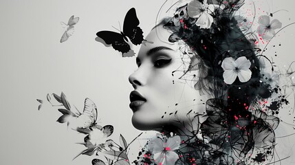 Artists vision of a lady, black and white, with a burst of flowers and butterfly, abstract art style