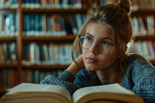 library diligence attractive woman focused on homework glasses and book candid photo