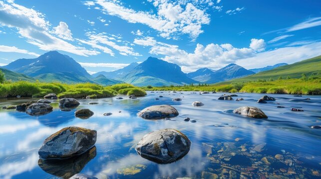 Beautiful natural scene a river water with blue mountains against blue sky background. AI generated