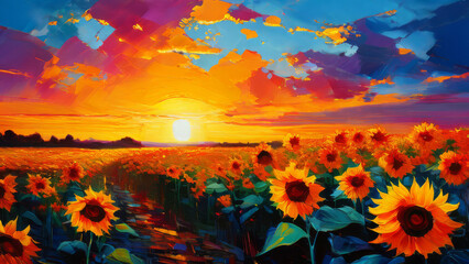 a sunflower field in the style of Impressionism, using bold brushstrokes and vibrant colors to convey the essence of a sun-drenched landscape.