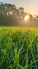 Photographs the early morning dew on grass, with the sun rising over the lush green landscape, illustrating the lands raw beauty and potential