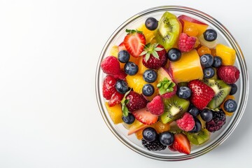 Fresh fruit salad in white bowl top view