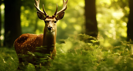 a deer in a forest looking to the camera