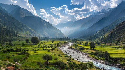 Beautiful serene landscape of river valley with mountain background. AI generated image