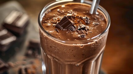 Irresistible chocolate mousse garnished with chocolate pieces in a glass on a moody backdrop