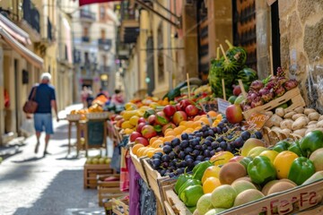 local farmer market stall fresh organic fruits vegetables sunny day spanish city street - obrazy, fototapety, plakaty