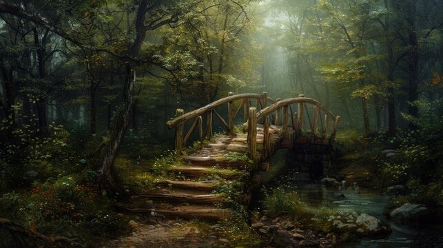 Rustic old wooden bridge in the deep forest view landscape. AI generated image