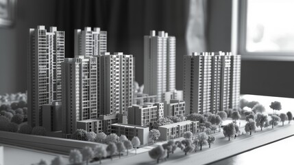 Photographs a model of a planned urban development, using a monochrome palette of solid grays to emphasize the thoughtful and strategic planning behind the investment