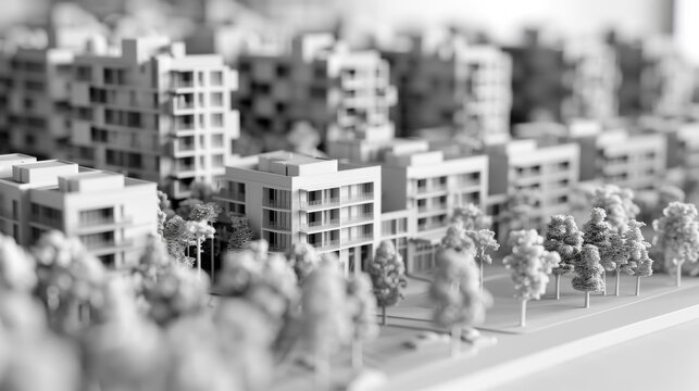 Photographs a model of a planned urban development, using a monochrome palette of solid grays to emphasize the thoughtful and strategic planning behind the investment