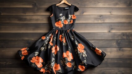 black flower print dress on old wooden wall background from Generative AI