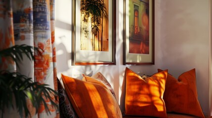 Photographs a cozy corner of the townhouse, with lively orange throw pillows and artwork, creating a warm, inviting space amidst the urban hustle