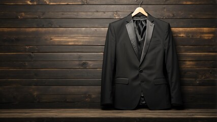 black formal suit on old wooden wall background from Generative AI - obrazy, fototapety, plakaty
