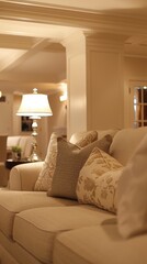 Fototapeta na wymiar Photographs a cozy living room with plush beige sofas and soft lighting, creating a serene sanctuary that embodies comfort and warmth