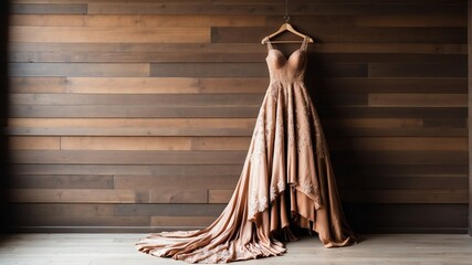 brown wedding dress on old wooden wall background from Generative AI