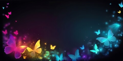 A delicate arrangement of gradient neon butterflies and dark background