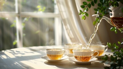 Tranquil morning tea pour with white porcelain and soft sunlight filtering through curtains