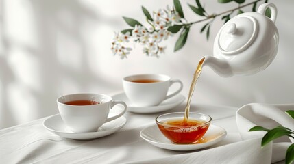 Fototapeta premium Sunlit tea time with fresh pour from teapot beside a vase of blooming daisie