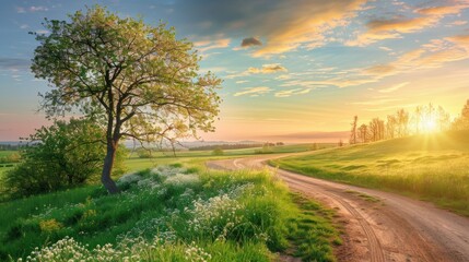 Fototapeta na wymiar Beautiful green trees and country dirt road at morning sunrise in springtime landscape. AI generated