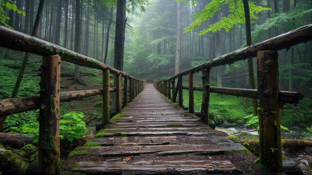 Rustic old wooden bridge in the deep forest view landscape. AI generated image