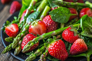 Fresh salad with strawberries and asparagus on green leaves on a wooden table with natural light and selective focus - obrazy, fototapety, plakaty