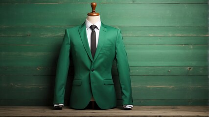 green formal suit on old wooden wall background from Generative AI