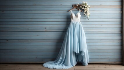 light blue wedding dress on old wooden wall background from Generative AI - obrazy, fototapety, plakaty