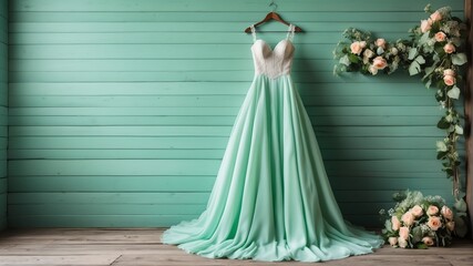 mint green wedding dress on old wooden wall background from Generative AI