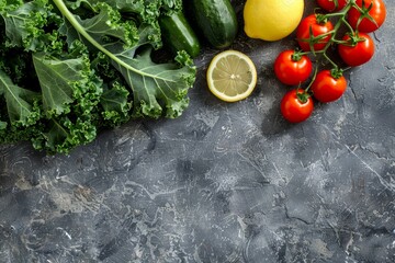 Fresh vegetables kale lemon tomatoes on rustic background top view Healthy food concept
