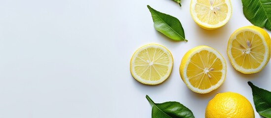 Fresh lemon slices and a leaf isolated on a white background, with empty space for your text. Overhead view.