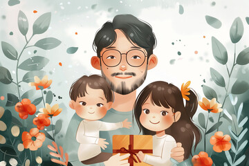 Happy White Dad and Child Bonding on Father's Day Illustration, Greeting Card