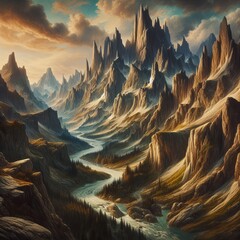 rugged mountain terrain, inspired by the Romanticism movement. the sublime beauty of towering peaks, winding rivers, and sweeping vistas - obrazy, fototapety, plakaty