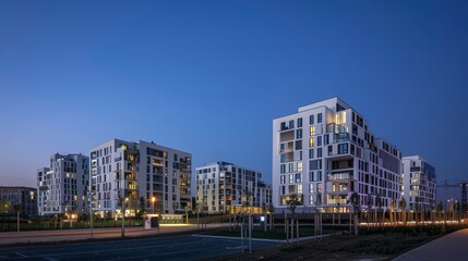 Captures the first completed phase of the development at dusk, the buildings illuminated in bright white light, emphasizing their modern design and the projects focus on energyefficient solutions