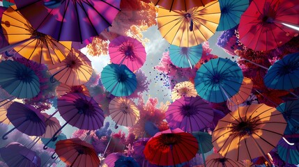 Colorful umbrella background in color painting style.