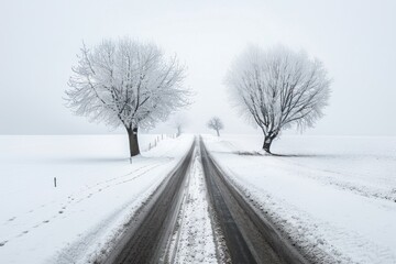 A serene winter scene featuring a narrow road flanked by snow-covered trees under a foggy sky.