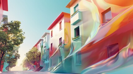 Naklejka premium Captures the exterior of a townhouse near the metro, painted in vibrant oranges that reflect the energy and convenience of urban living