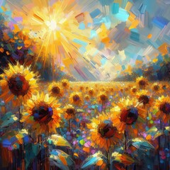 a sunflower field in the style of Impressionism, using bold brushstrokes and vibrant colors to convey the essence of a sun-drenched landscape. - obrazy, fototapety, plakaty