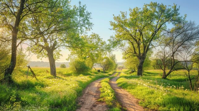 Beautiful green trees and country dirt road at morning sunrise in springtime landscape. AI generated
