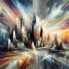  an abstract interpretation of a city skyline. gestural brushstrokes, the dynamic energy of urban life through bold, expressive forms and dynamic compositions - obrazy, fototapety, plakaty