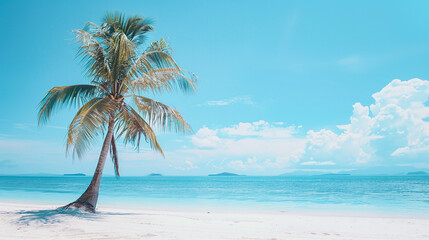 Palm tree solitude on pristine beach with copyspace for serene travel and summer ads