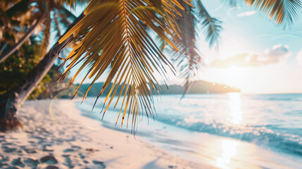 Fototapeta premium Golden sunset beach view with palm silhouette for relaxing travel banner designs
