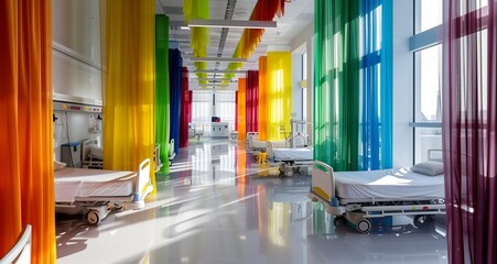 Pediatric hospital ward with colorful curtains and themed beds - obrazy, fototapety, plakaty