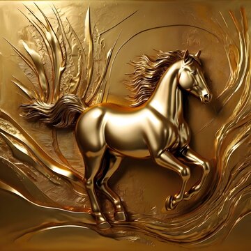Modern shining golden abstract painting, metal elements, textured background, horses, animals amazing pic