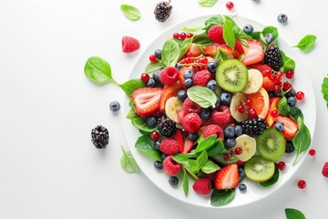 Fruit and berry salad on white background