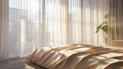 Arranges a tranquil bedroom scene, with light streaming through sheer curtains onto a warm beige bedspread, crafting a peaceful retreat within the home