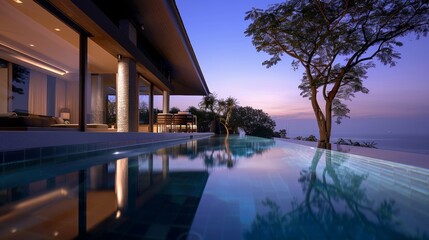 Fototapeta premium Arranges a serene morning scene, with the first rays of sun casting a soft, cool blue light on the pool s surface, promising a day of luxury and tranquility at the house
